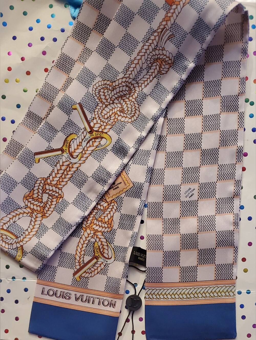 100% Silk Bag Twilly,Scarf, Hairtie;Navy,White and Gold Checker Rope-Print Scarf